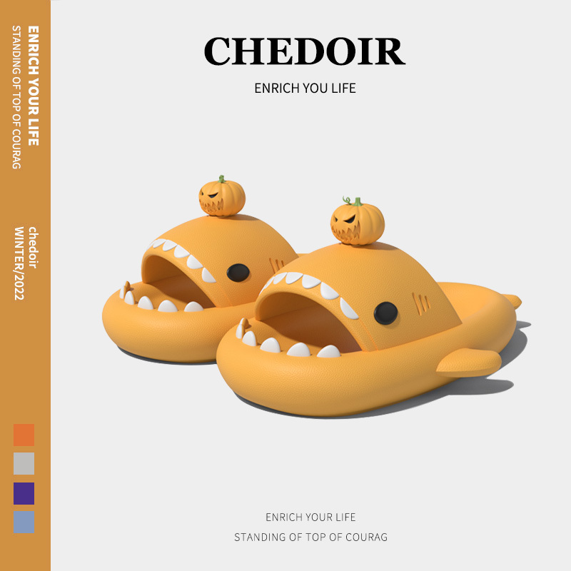 Chedoir Funny Pumpkin Head Shark Slippers for Men and Women Couples Summer Home Indoor Non-Slip ins Outdoor Wearable Sandals