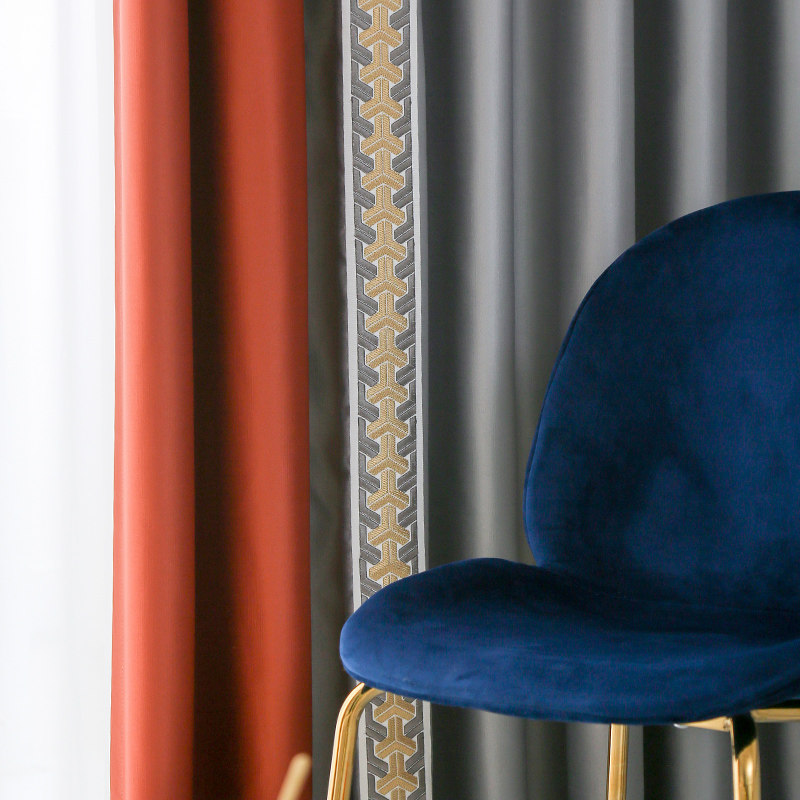 2022 new Nordic hit-color curtains light and luxurious bedroom rear modern minimalist grey orange splicing shading cloth living room upscale