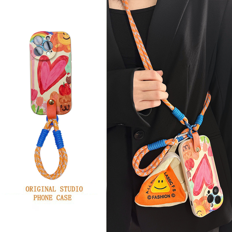 Graffiti Heart Small Backpack Suitable for iPhone 15 Pro Max Phone Case 17 Apple 16Plus Crossbody Strap 14/12/13Mini Protective Case 11 New Model XS Anti-Drop 18 High-End Feel