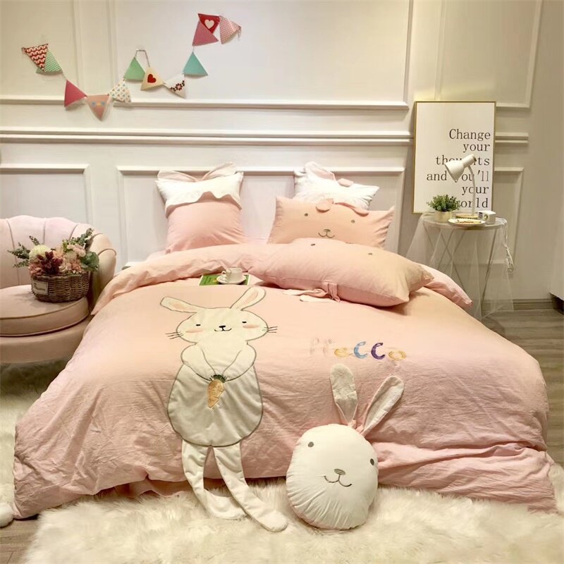 High-end all-cotton color weave washed cotton cartoon cute rabbit cloth appliqued embroidered four pieces cover bed sheet children kit