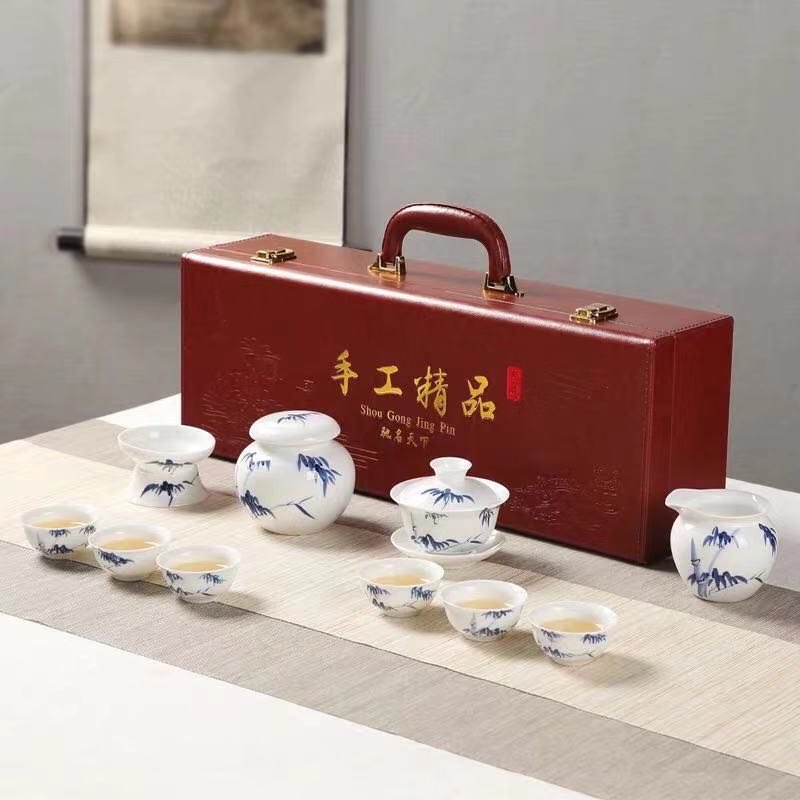 Jingdezhen ceramic tea set household hand-painted bamboo lotus kung fu teacup small teapot high-end gift box