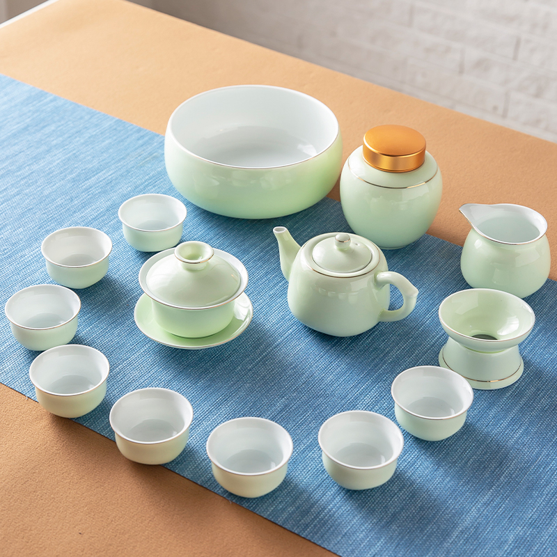 Jingdezhen tea set household office a set of green high-end kung fu teacup ceramic pot high-end gift box