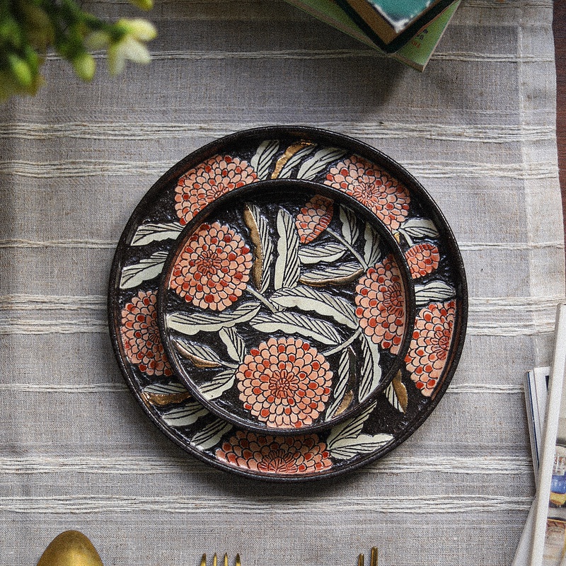 Coolbanana Handmade Black Clay Straight-Edged Round Plate Birthday Housewarming Home Fruit Plate Dish Plate Dessert Plate