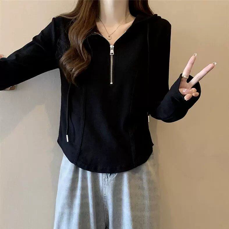 大码胖mm时尚半拉链棉长袖t恤女秋冬新款显瘦百搭连帽上衣服200斤
