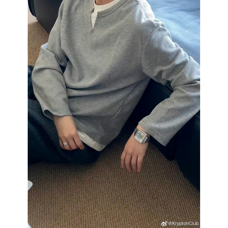 【Elegance on Top】B Brand V Waffle Round Neck Old Money 320g Heavyweight Long-Sleeve Fake Two-Piece Loose Fit