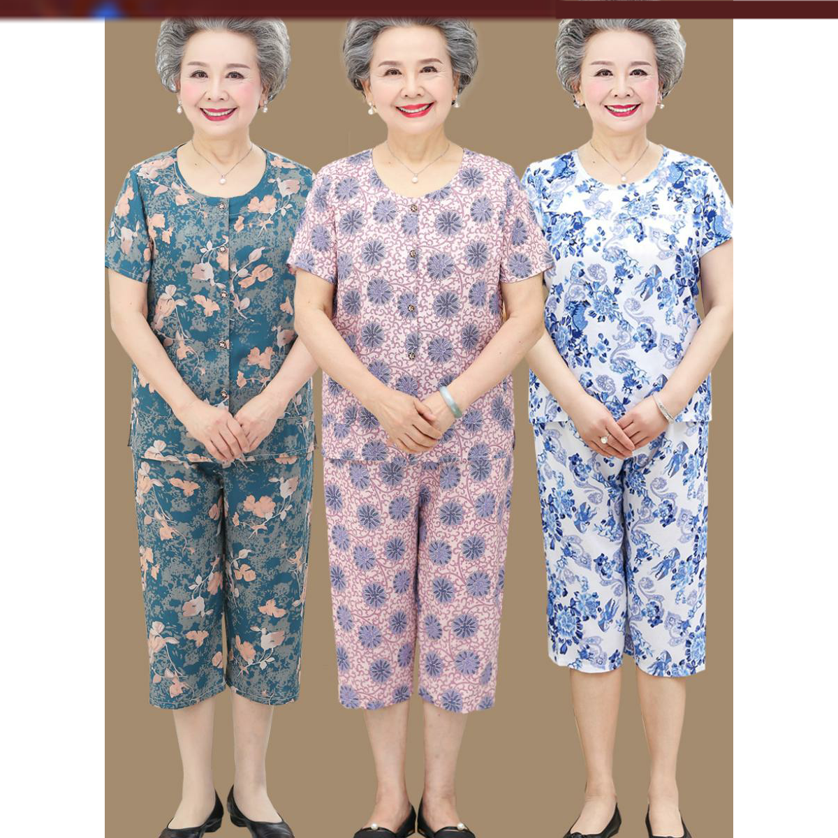 New Grandma Summer Cotton Silk Suit Foreign Pie Short Sleeve Long Pants Mid Aged 50% Pants Women Thin 7 Pants Down 