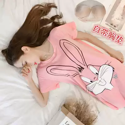 Pajamas women's summer Net red explosions 2021 new pure cotton with chest pad girls T-shirt nightgown spring and autumn home wear