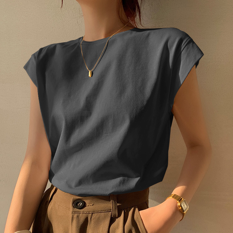 Loose Solid Color T-Shirt with Flutter Sleeves for Women, 2026 Summer New Ribbed Base Shirt, Small Flutter Sleeves, Regular Shoulder, Round Neck Top
