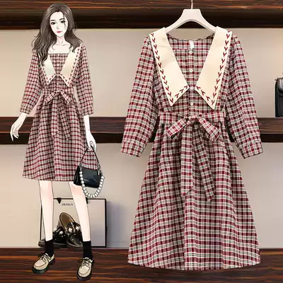Large size women's 2021 New early autumn Republic of China style retro dress small dress can usually wear plaid one dress