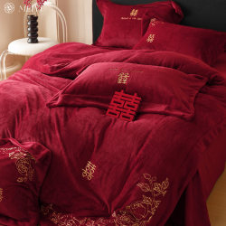 Crystal Home Textile Official Bright Red Wedding Winter Milk Fiber Four-Piece Set Thickened Velvet Coral Fleece Wedding