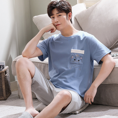 男士睡衣夏季薄款纯棉短袖短裤春夏简约可外穿休闲家居服两件套装