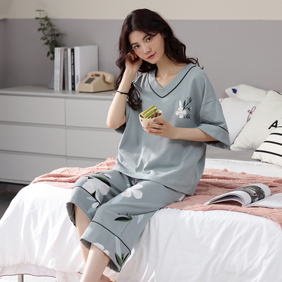 睡衣女夏纯棉短袖七分裤两件套加大码简约薄款胖mm宽松家居服套装