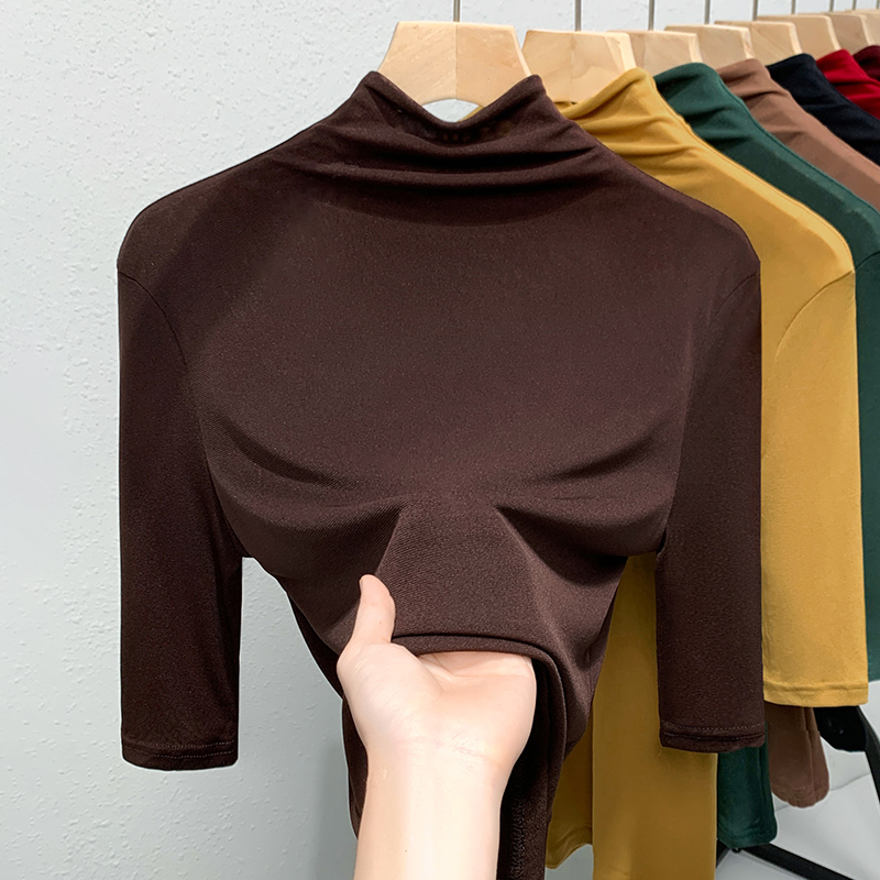 Half-High Collar Mesh Base Shirt for Women, Coffee-Colored Top, 2026 Spring and Autumn New Style, Mid-High Collar, Mid-Sleeve T-Shirt for Women