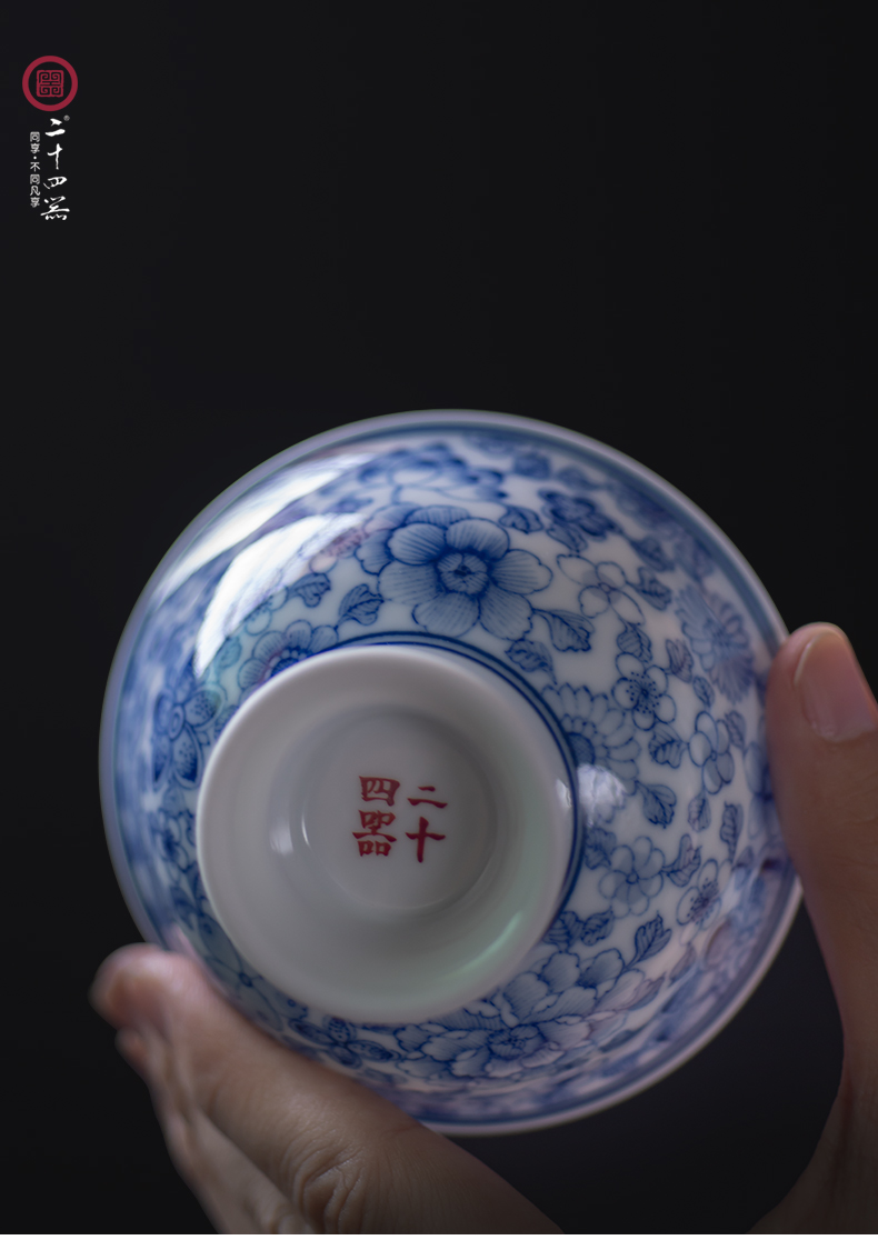 Twenty - four ware jingdezhen hand - made flower hat of blue and white porcelain cup kongfu master single glass ceramic cups of tea