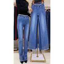 2021 spring high waist elastic solid color denim trousers Joker size casual slim cotton flared pants