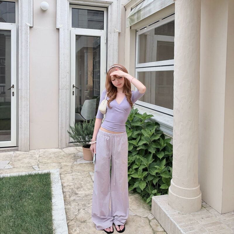 Egg ·【Misty Pink Plaid 100% Cotton】Casual Wide-Leg Pants for Summer Strolling Egg ·【Misty Pink Plaid 100% Cotton】Casual Wide-Leg Pants for Summer Strolling