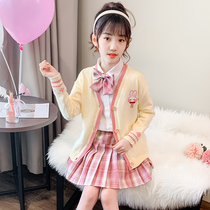 Childrens jk uniform suit Girls college style shirt Girls cardigan sweater Net red spring and autumn short skirt three-piece set