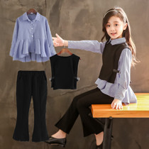 Girls suit autumn 2021 new childrens foreign style striped shirt girls spring and autumn fashionable flared pants three-piece set