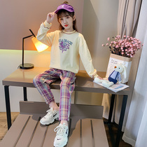 Girls spring and autumn suit 2021 new childrens net red foreign style long-sleeved sweater girl plaid pants two-piece set