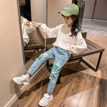 Girls  jeans spring and autumn 2021 new childrens western-style trousers medium and large virgin girl Korean version of fashionable straight pants