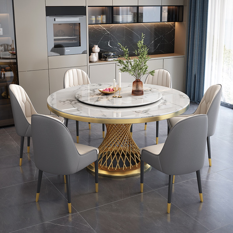 Modern light lavish marble dining table and chairs combined with turntable stainless steel titanium alloy dining table for home 8 people round table