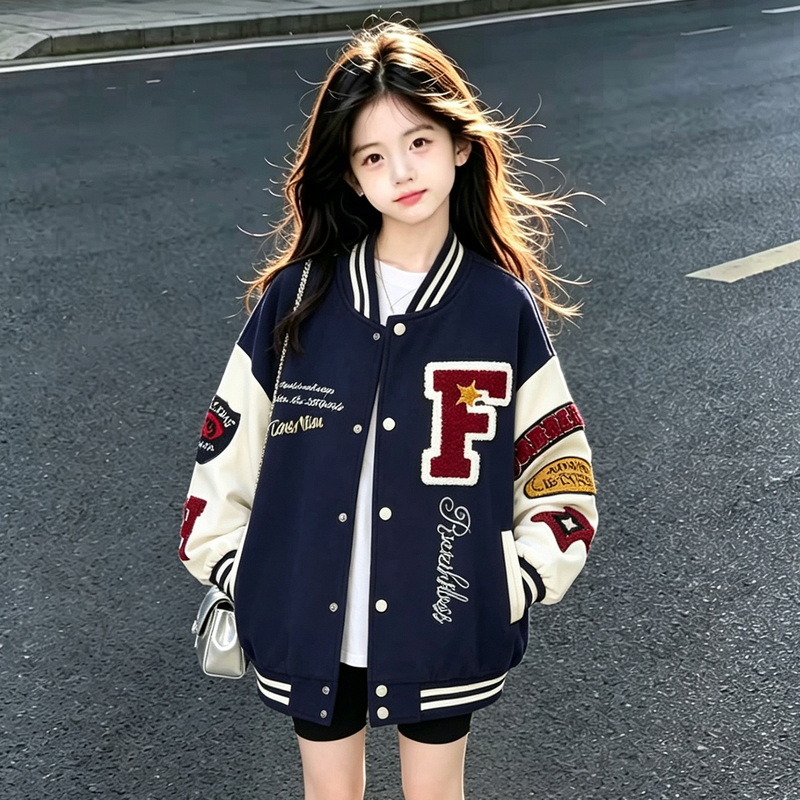 Girls' Jacket for Middle School Students, Spring and Autumn 2026 New Style, Big Kids' Retro Color-Block Baseball Jacket, Stylish Outerwear
