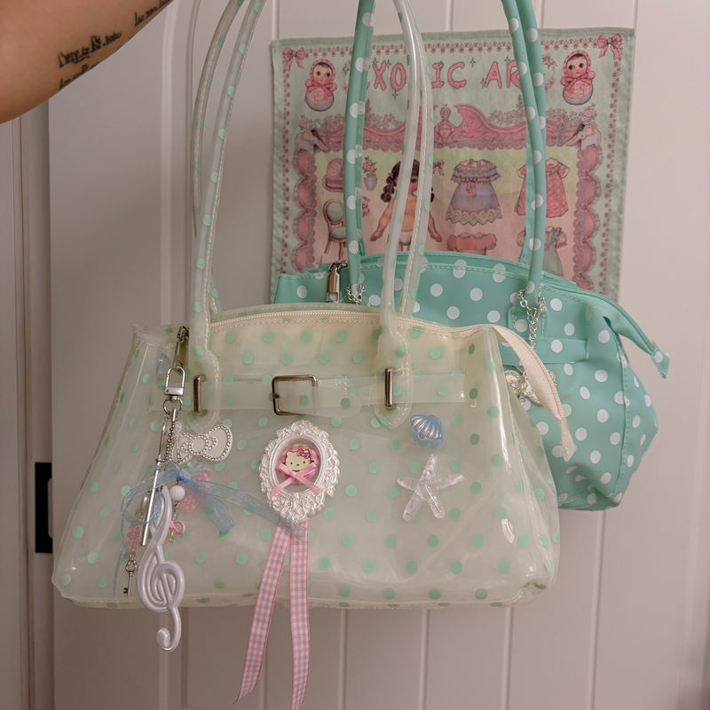 Black Cherry Sauce Original Vintage Polka Dot Transparent Kt Japanese and Korean Style Niche Design Color-Block Jelly Bag Shoulder Bag Black Cherry Sauce Original Vintage Polka Dot Transparent Kt Japanese and Korean Style Niche Design Color-Block Jelly Bag Shoulder Bag