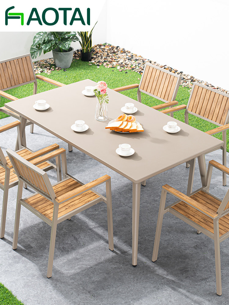 Outdoor plastic wood table and chair Garden balcony Villa outdoor pendulum waterproof rot wood outdoor open-air simple leisure table and chair combination