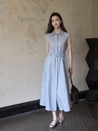 夏盐Summersalt 2025夏季新款100%亚麻蓝色简约舒适无袖连衣裙
