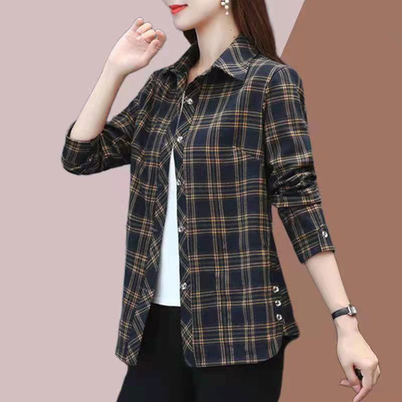 Long-Sleeved Casual Shirt for Women 2023 Early Autumn New Style Loose Slimming Versatile Mother's Wear Stylish Plaid Jacket Trendy