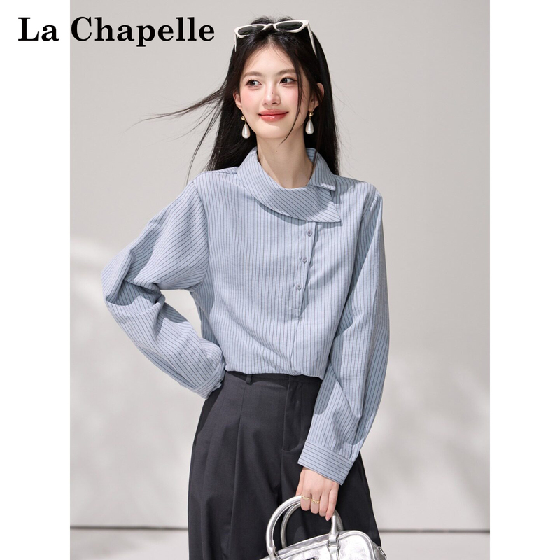 La Chapelle Design-Inspired Vertical Striped Diagonal Button Long-Sleeve Shirt for Women, New Autumn Loose-Fitting Casual Commuter Top La Chapelle Design-Inspired Vertical Striped Diagonal Button Long-Sleeve Shirt for Women, New Autumn Loose-Fitting Casual Commuter Top