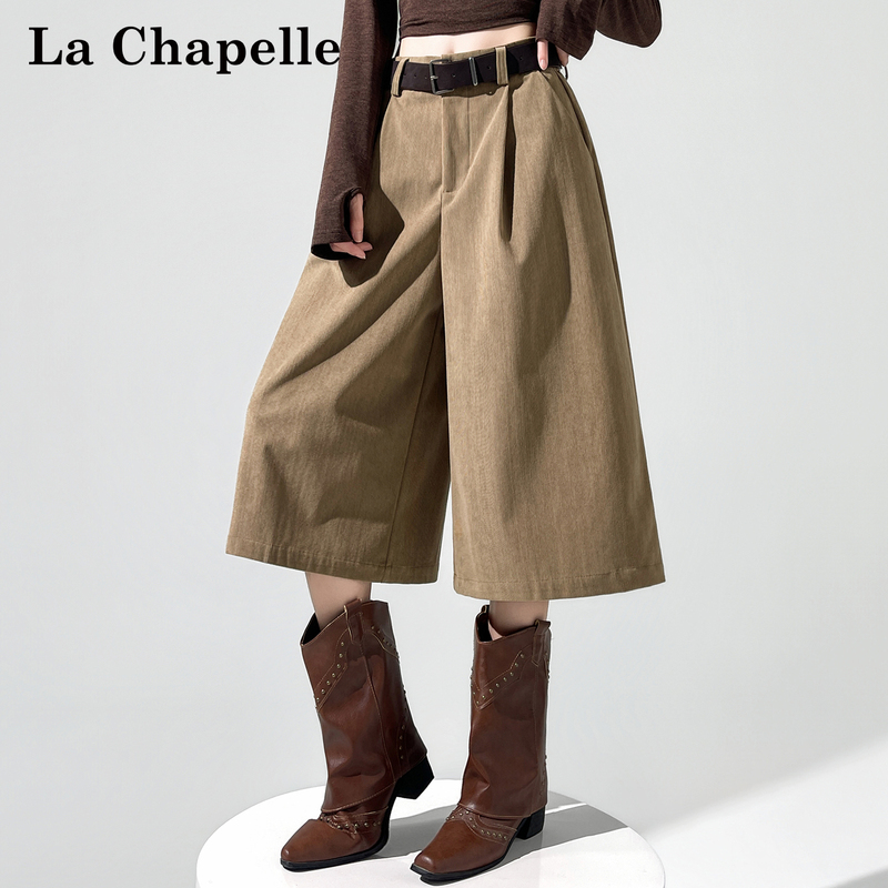 La Chapelle Corduroy Cropped Wide-Leg Pants for Women, Autumn and Winter, Petite Mid-Length Pants, Slimming, High-Waisted Suit Pants