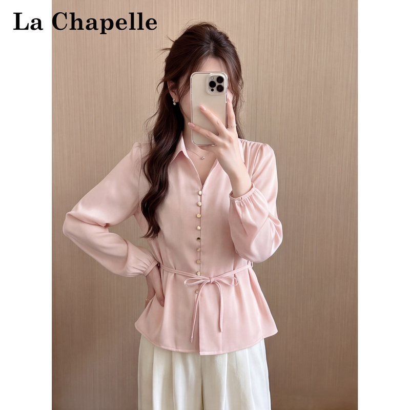 La Chapelle French-Style Pink Long-Sleeve Shirt for Women, Early Autumn New Model, High-End Feel, Waist-Cinching Tie, Gentle and Elegant Top