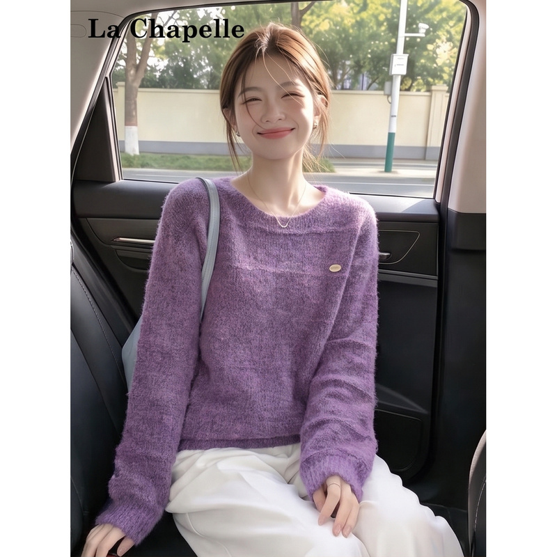 La Chapelle Gentle Style Purple Round Neck Long-Sleeve Sweater for Women, Autumn Youthful Loose Slim-Fit Long-Sleeve Knitwear La Chapelle Gentle Style Purple Round Neck Long-Sleeve Sweater for Women, Autumn Youthful Loose Slim-Fit Long-Sleeve Knitwear