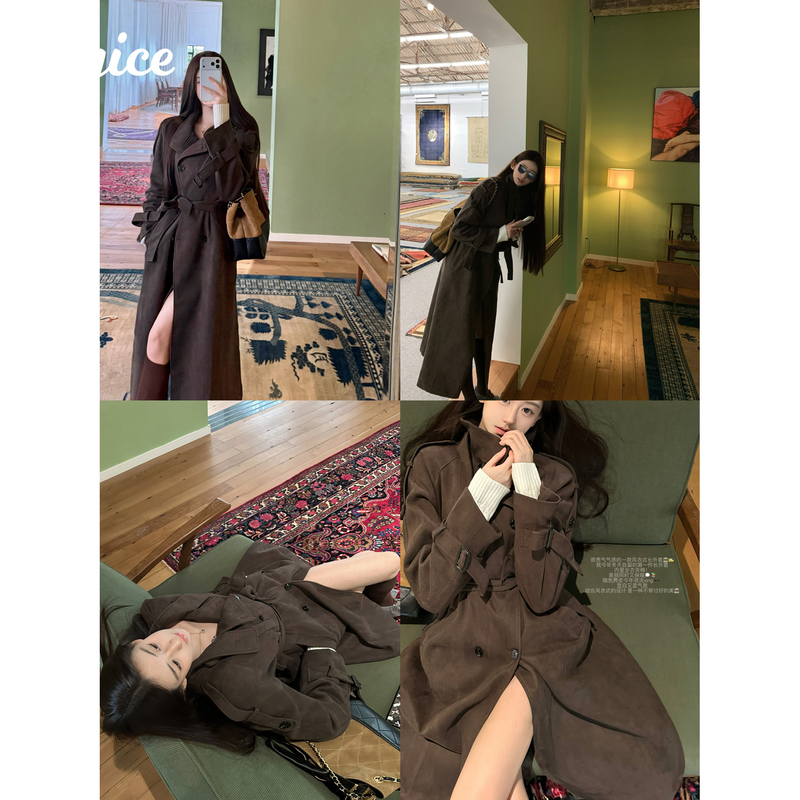 Icyice Twilight City Quilted Vintage Caramel Brown Autumn/Winter New Style Elegant Suede Trench Coat Jacket
