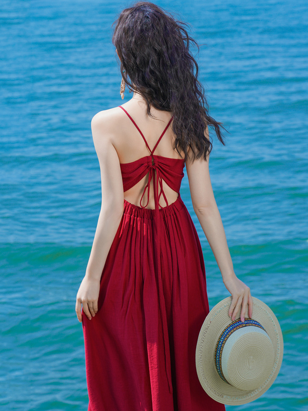 Sanya Seaside Vacation Beach Dress, Sexy Backless Waist-Cinching Dress, Dali Erhai Photo Shoot Off-Shoulder Strapless Long Dress