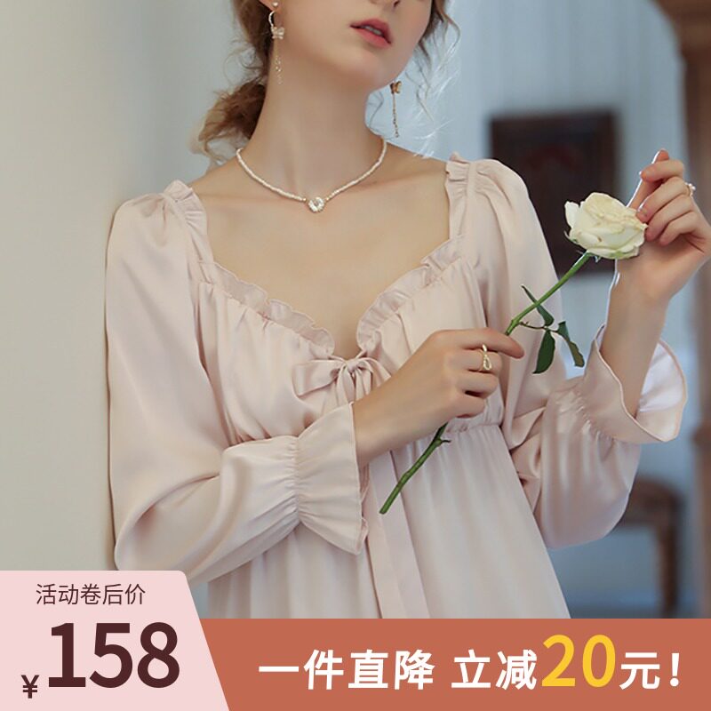 Fae-style Ice Silk Sleeping Dress Woman Spring Autumn Palace Wind Long Version Sexy Pure Desire Superior Long-sleeved Princess Pyjamas