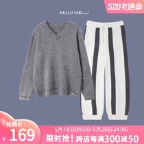 Pajamas Lady Autumn Winter Long Sleeves Coral Suede Striped Korean version Cute Hair Line Knit Soft Cotton stretches Home Suits Suit