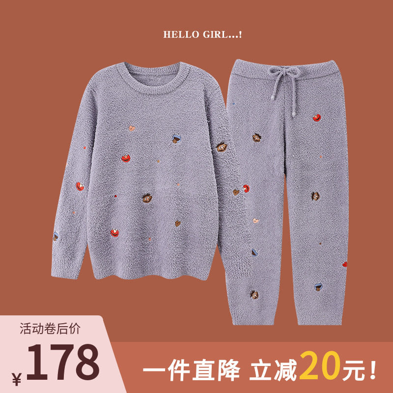 Net red popcorn Sesame Street Soft Cotton sleeping woman Autumn Winter Coral Suede Long Sleeve Thickened Hair Thread Knit Household Clothing