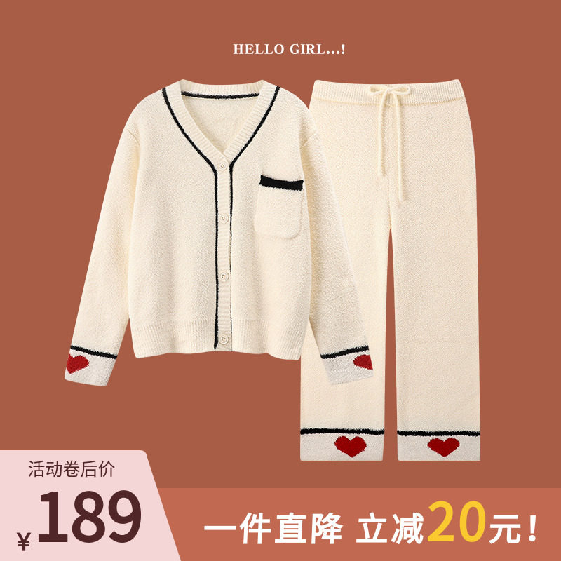 Japanese pajamas women's autumn and winter love coral velvet cute cardigan net red wool knitted soft home clothes