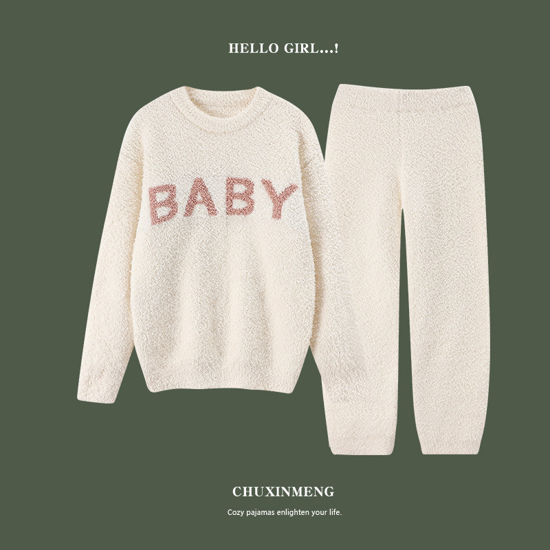 Japanese wool knitted letter pajamas for women in autumn and winter soft coral fleece thickened and soft and waxy can be worn outside home clothes