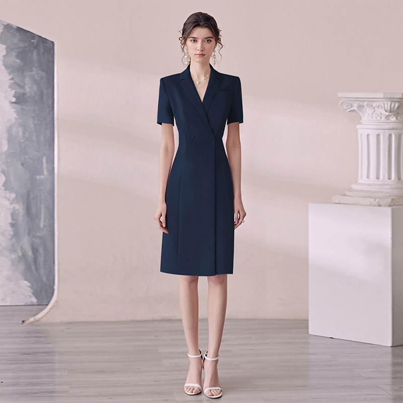 blue professional dress Zapakasa Women Royal Blue Satin Work Dress with Short Sleeves Bodycon Round  Neck Semi Formal Dress main image 0