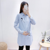 Pregnant women Spring and Autumn shirt New Long Sleeve Striped top fashion lapel coat Korean version of long shirt