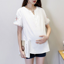 Maternity shirt summer 2021 new short sleeve long top Korean large size loose V collar embroidery T-shirt