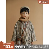 oddtails Boys double-breasted tartan coat 2021 new winter clothes in large childrens long windbreaker jacket