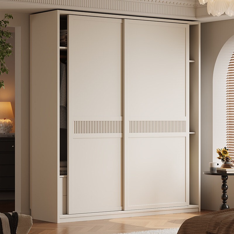Cream-Style Solid Wood Sliding Door Wardrobe for Home Bedroom, Simple Modern Sliding Door Large Wardrobe Storage Cabinet Cream-Style Solid Wood Sliding Door Wardrobe for Home Bedroom, Simple Modern Sliding Door Large Wardrobe Storage Cabinet