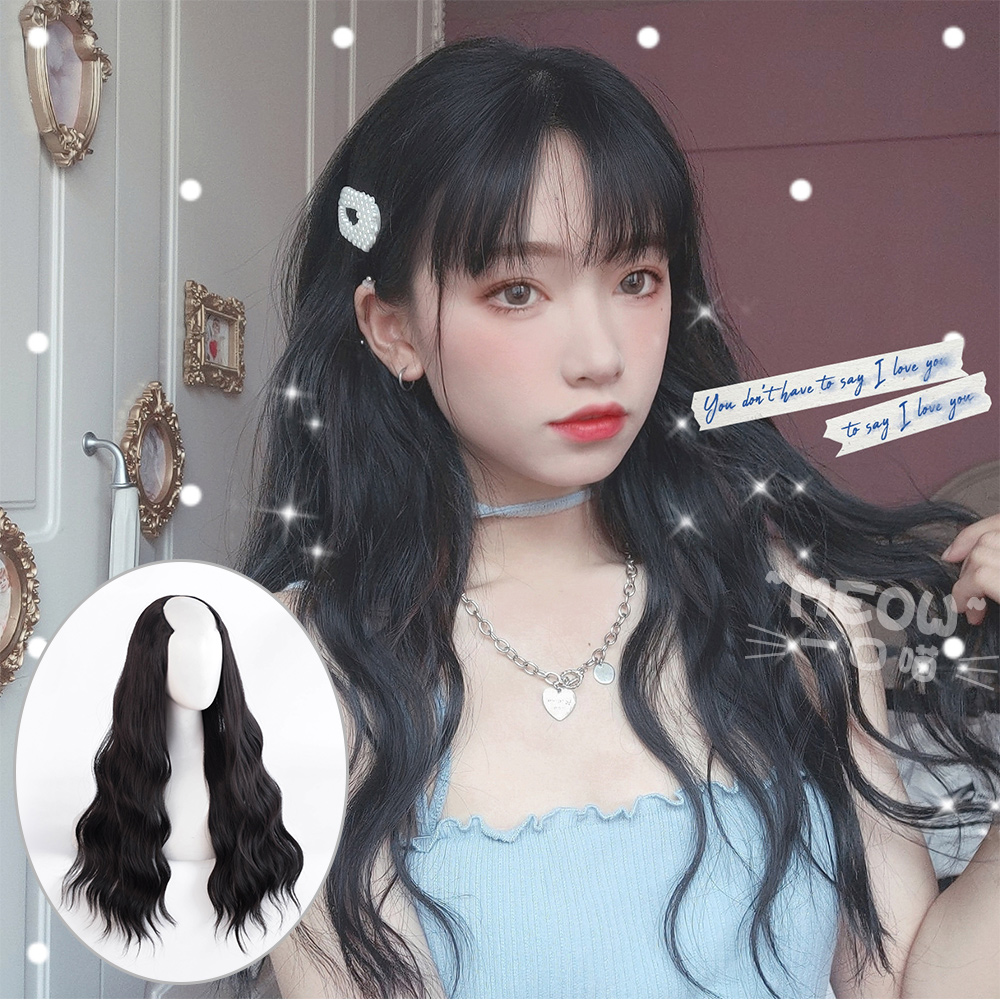 Wig female long hair natural fluffy long curly hair U-shaped half headgear invisible seamless net red fashion water ripple hair extension