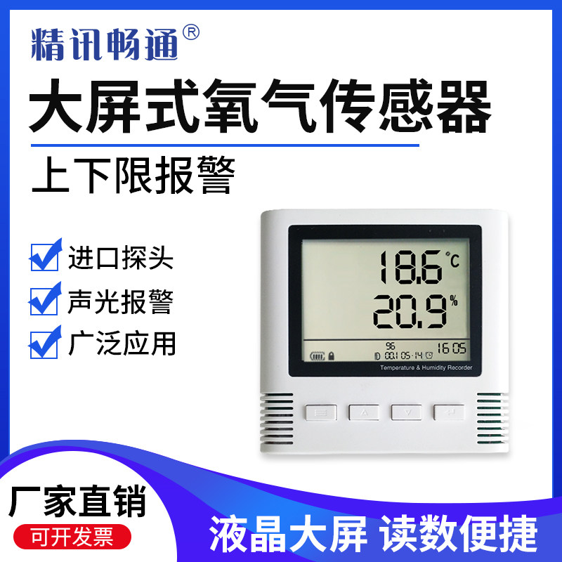 液晶大屏氧气传感器4G/LORA/485/以太网工业级温度O2变送器