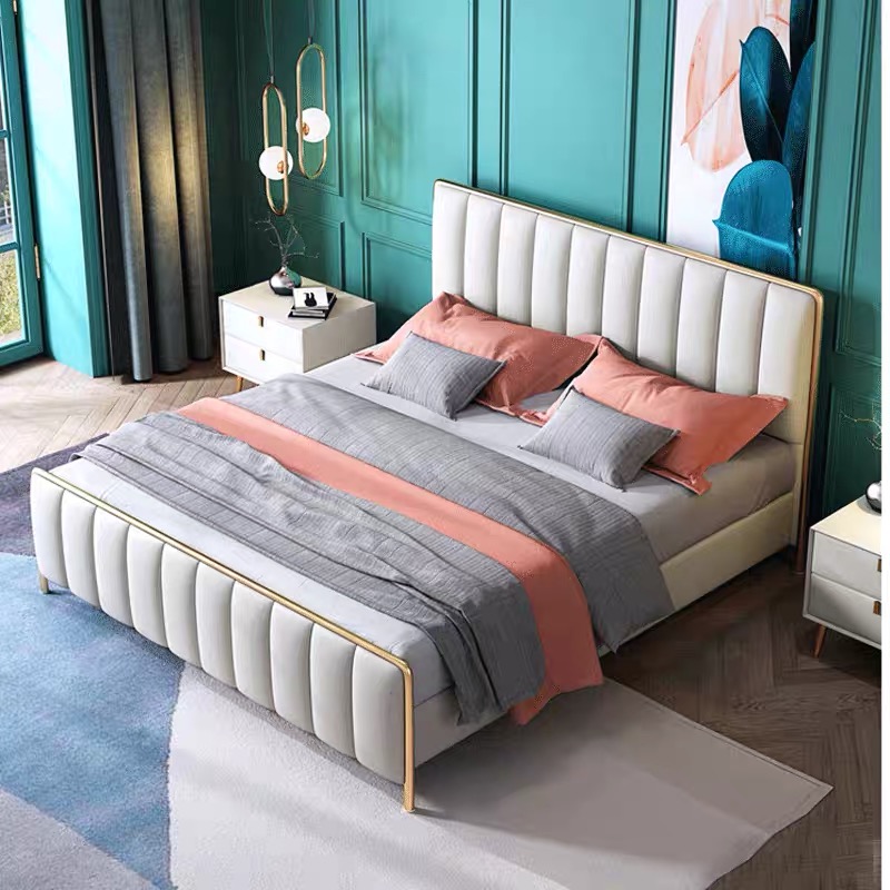 Postmodern port style light extravaganza net red genuine leather bed modern minimalist Nordic wind main sleeper bed 1 8 m double bed