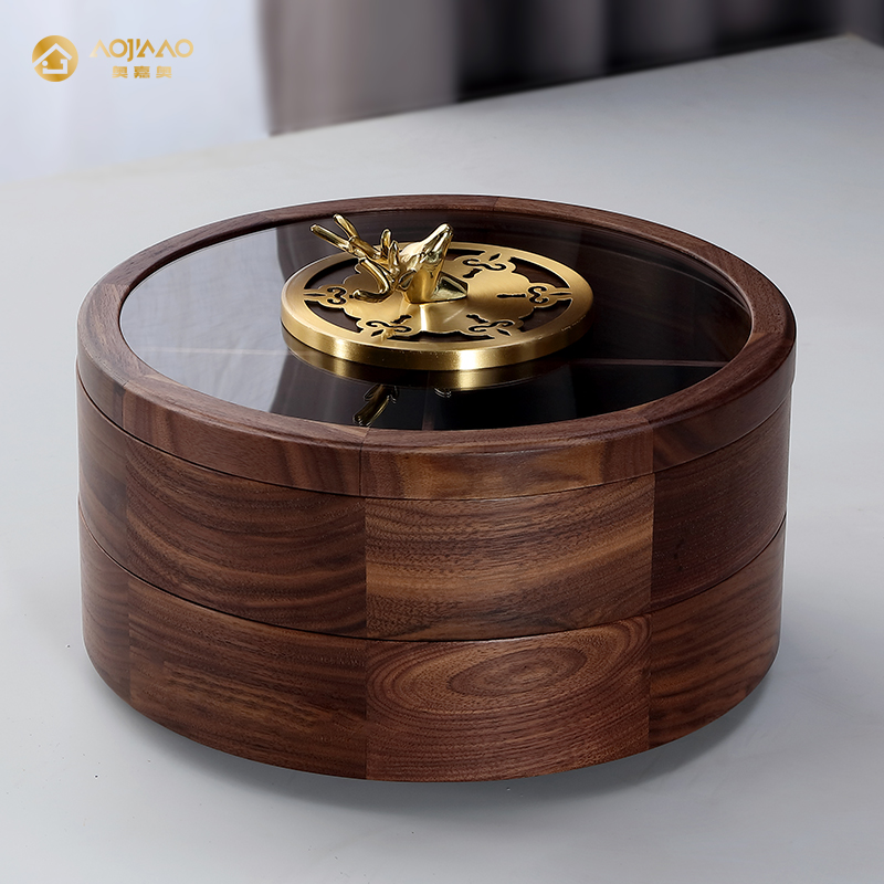 New Chinese style walnut solid wood fruit box household snacks melon seeds fruit plate living room tea table can rotate dried fruit storage box